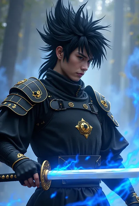  The character is a warrior wearing black armor with small gold details,  flames highlighted by a yellow star emblem on his chest. He wields a WHITE katana with his blade embedded in blue flames,  that emit an intense shine and envelop your weapon with a u...