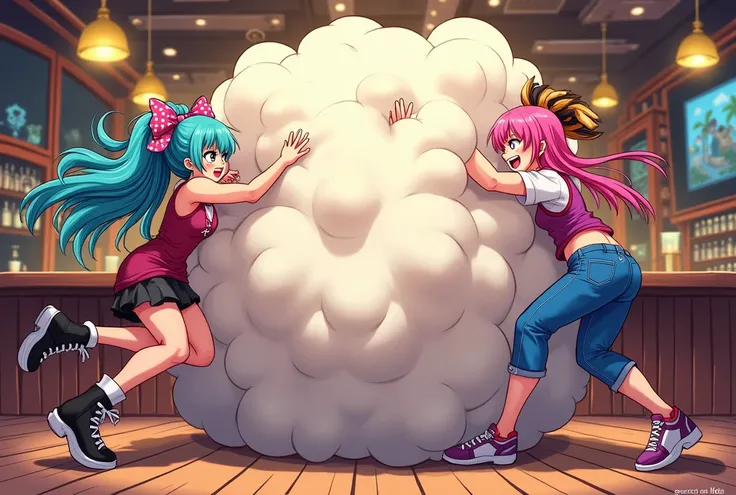 An anime-style illustration depicting many pirates-girls playfully wrestling with each other inside a bar comical fight cloud.
each pirates-girl has different colored hair.
their faces,hands,and feet are visible emerging from the cloud as they tussle humor...