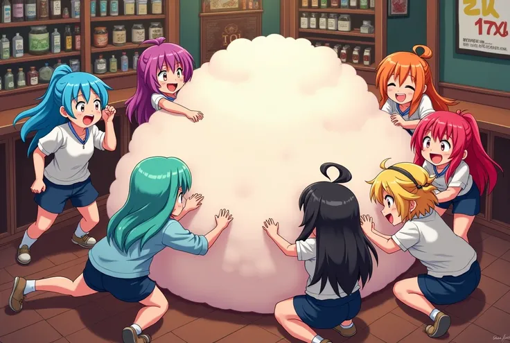 An anime-style illustration depicting many pirates-girls playfully wrestling with each other inside a bar comical fight cloud.
each pirates-girl has different colored hair.
their faces,hands,and feet are visible emerging from the cloud as they tussle humor...