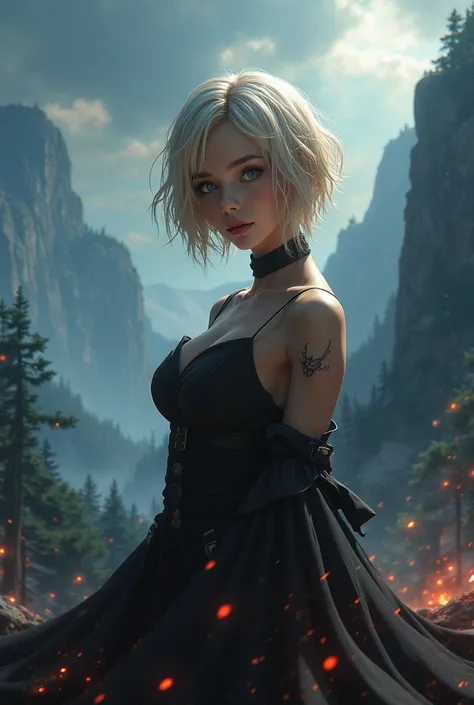 a beautiful woman with short light blonde hair, extremely detailed eyes and face,longeyelashes, saber alter fate, elegant dress, dark fantasy, dramatic lighting, dark moody atmosphere, high fantasy, epic landscape, dramatic clouds, glowing runes, digital a...