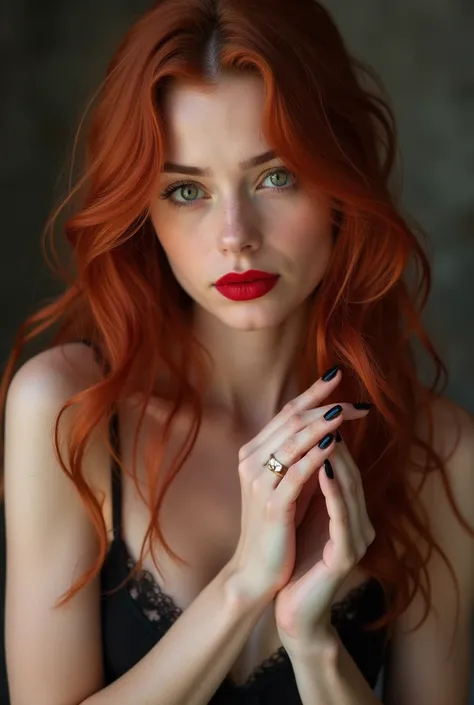 Fille pulpeuse peau blanche, cheveux roux longs, yeux verts, attitude sensuelle et coquine, accessoires ruban noir au cou, avec ses mains ellectouchecses cheveux, rouge à lèvres rouge, habillé avec soutien gorges fin en dentelle rouge.