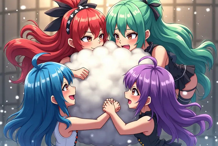 An anime-style illustration depicting many pirates-girls playfully wrestling with each other inside a cage comical fight cloud.
each pirates-girl has different colored hair.
their faces,hands,and feet are visible emerging from the cloud as they tussle humo...