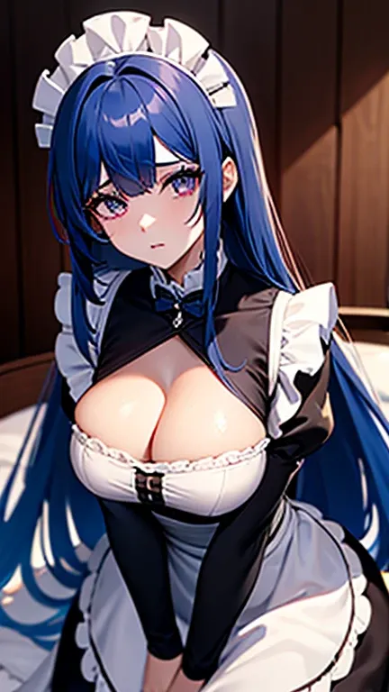 android girl,  extremely beautiful girl , ojos rosados,  long hair,  blue hair,  extremely large breasts , cintura delgada,  maid costume,  perfect face.