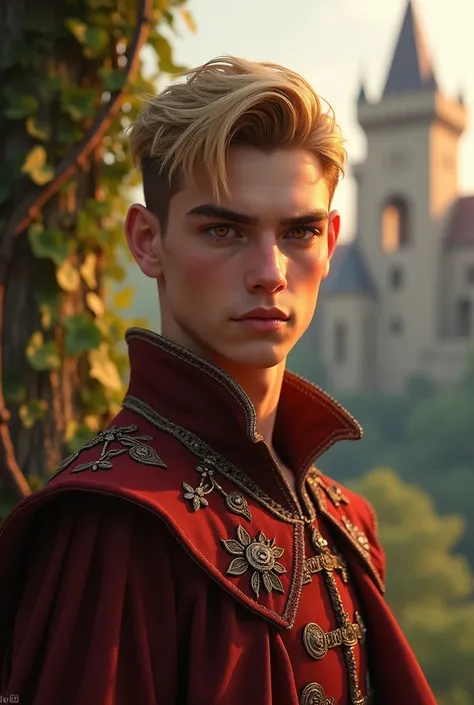 Young man prince with medieval short hair with blond hair and beautiful dark orange eyes