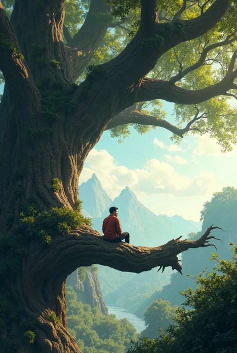 Person looking at the view sitting on a thick tree branch, A giant tree 