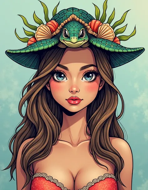 DISCREET image. with discreet casual clothes. image adult woman, comic book style. happy. IMAGES WITH VIBRANT COLORS. Headdress made of Sea Turtle adorn with different kind sea shells, shells sea weeds, and clams design. facing front