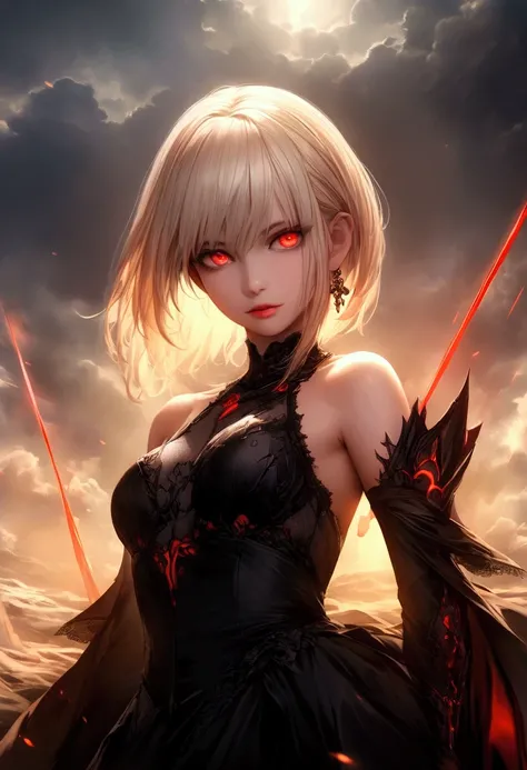 a beautiful woman with short light blonde hair, extremely detailed eyes and face,longeyelashes, saber alter fate, elegant dress, dark fantasy, dramatic lighting, dark moody atmosphere, high fantasy, epic landscape, dramatic clouds, glowing runes, digital a...