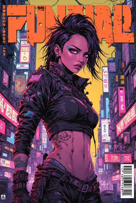 ((manga magazine cover shot) of (perfect Asian cyberpunk girl) in cyberpunk city))), ((graphic design ((Japanese text banner headline)))), (((dynamic pose))), ((LED lights)), (((extremely weird punk hairstyle))), ((manga drawing)), warm colours, ((cinemati...