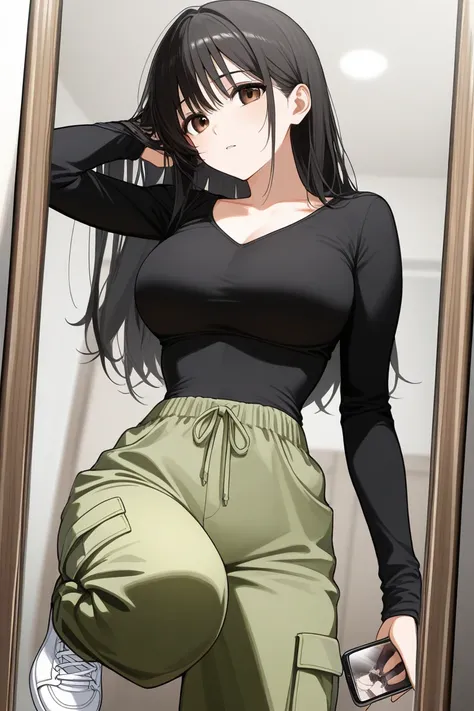  Beautiful girl,  straight black hair,  beautiful brown eyes to shut up,  mirror photo, phone in hand,  tight black long sleeve t-shirt, u-neckline, khaki green cargo pants ,  white sneakers , hand in hair,  medium large breasts ,  thin waist ,  big thighs