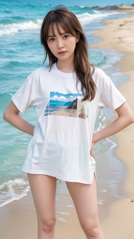 ((masterpiece), (best quality), (high res 8K), on), Japanese woman, 20 years old, (open legs out, hands on hips, on), (pubic hair, on), full body, (from front, low angle, on), (bottomless, t-shirt, on), medium hair, on the beach, blue sky, (slender, muscul...