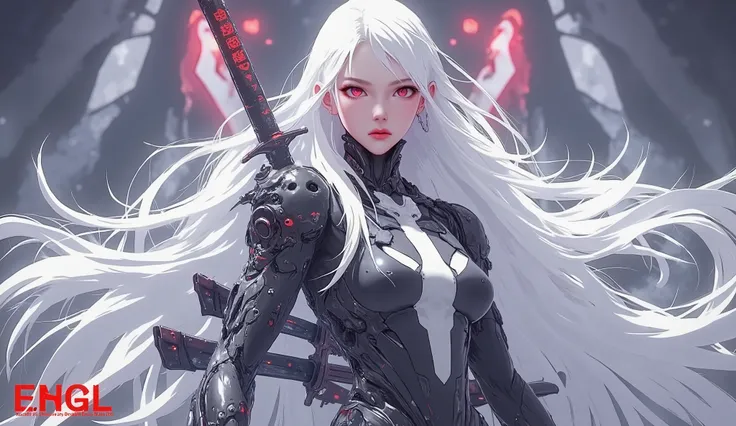 AI woman in a cyberpunk suit, very tall, with thick thighs, wide hips, long legs, and a slender waist. Dark red glowing eyes, long flowing white hair. Two large katanas hanging at her waist behind and one katana in her hand. Alluring, looking directly at t...
