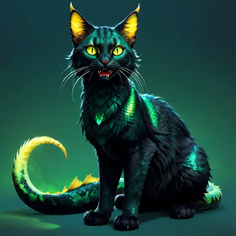 fullbody cat with dark green almost black fur, snake fangs and glowing amber eyes, aquatic fish ears, concept art , rpg, realist texture

