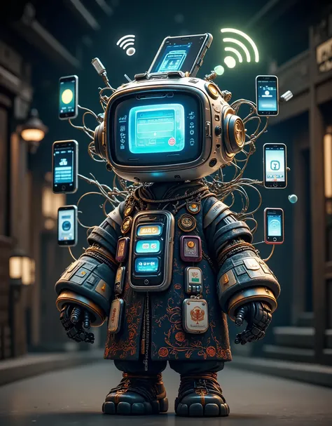 Tablet Monster ， The body looks like a little elf composed of technological light ， Surrounding the body with various tablet icons and signal ripples。 The head is a large tablet screen ， shows dynamic information 。 wearing clothing made of technical materi...