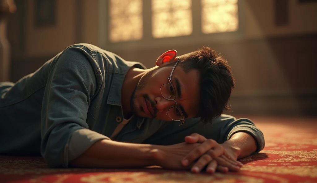 1. **Background**: A quiet prayer room, such as a mosque or other holy place, with soft lighting that creates a solemn atmosphere.

2. **Character**: 
- **Raka**: A handsome young Indonesian man in his 30s wearing jeans and glasses, with an expression full...