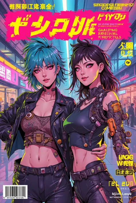 ((manga magazine cover shot) of (2 smiling Asian cyberpunk girls) in shopping mall))), ((graphic design ((Japanese text banner headline)))), (((dynamic pose))), ((LED lights)), ((( punk hairstyle))), ((manga drawing)), warm colours, ((cinematic lighting)),...