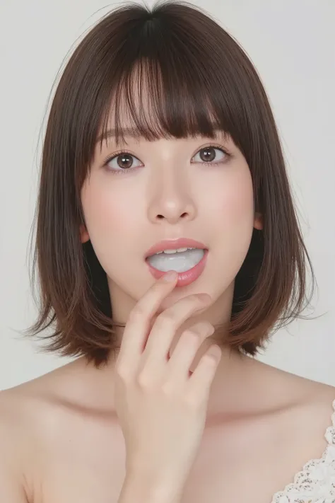 A high resolution photograph of a Japanese adult woman, masterpiece, photo-realistic, sharp focus, portrait, fashion shoot, solo, 1girl, clothed, short black hair, pale skin, detailed face, detailed eyes, sophisticated nose, (open mouth, white cum in mouth...