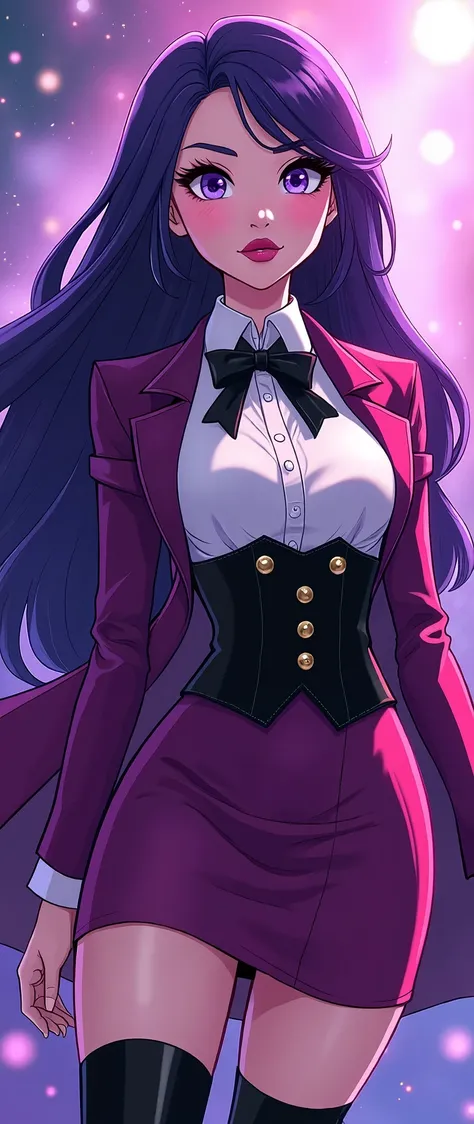 Zatanna from DC Super Hero Girls 2019, long purple hair, straight drack purple hair, sparkly purple hair, magical purple hair, Zatanna is a beautiful age girl with fair skin and a distinctive hourglass figure, thick light indigo hair that reaches mid-thigh...