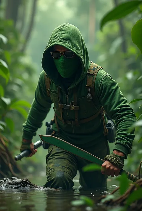 An assassin in a camouflaged green hoodie, Green mask and green glasses who live in Pantanal with alligators and uses a green machete