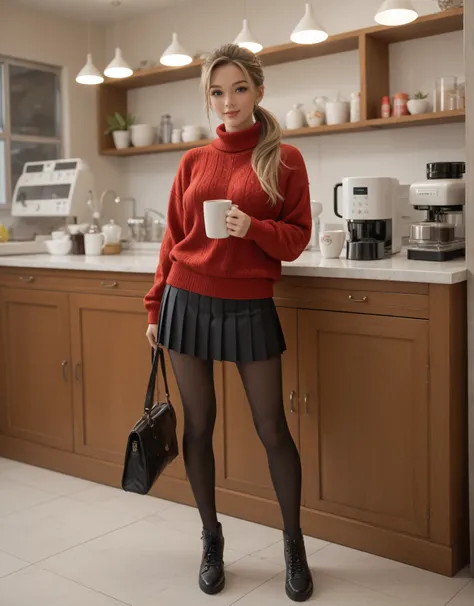 A 25 year old Jane Winston ordering coffee witha cashier at the cozy coffee company shop, red fleece sweater, black pleated sweater, light brown leggings, black pumps, full body portrait, overflowing brown ponytail, coffee cup in hand, looking at viewer, D...