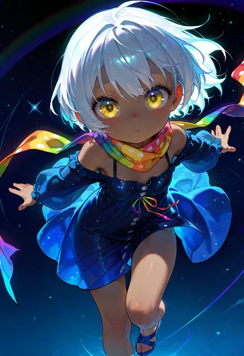 chibi, Solo, score 9, score 8, score 7, Best quality::2.5, artwork::2.5, close-up,crystal, Masterpiece::2.5, Beautiful features, good anatomy, realistic look, beautiful details, Night sky, stars, flying, rodecchi, loli, cute, Little, Brown skin, (White hai...