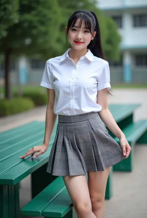 Real photos High-quality Realistic of thai woman, Beautiful girl (((large breast , big breast , nsfw))) , Best Quality, 20 years old thai girl in a school uniform astanding near a green metal table,  She is wearing a white shirt(((large breast , big breast...