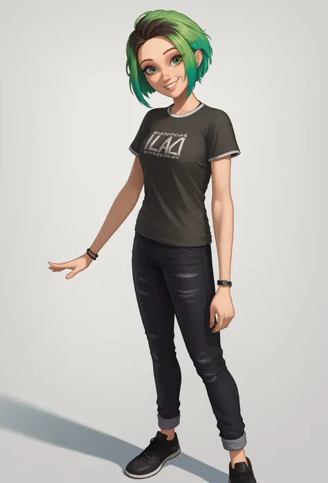 1 girl, Alone , Br00klynn ,  green eyes, parts,  multicolored hair , cabello morado,  green hair, shirt,   black pants ,  black shoes,  looking at the spectator,  smile,  score_9,  score_8_,  score_7_, cowboy shot, standing,  white background,  Simple back...