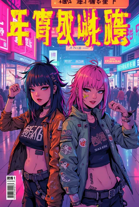 ((manga magazine cover shot) of (2 happy smiling Asian cyberpunk girls) in shopping mall))), ((graphic design ((Japanese text banner headline)))), (((dynamic pose))), ((LED lights)), ((( punk hairstyle))), ((manga drawing)), warm colours, ((cinematic light...