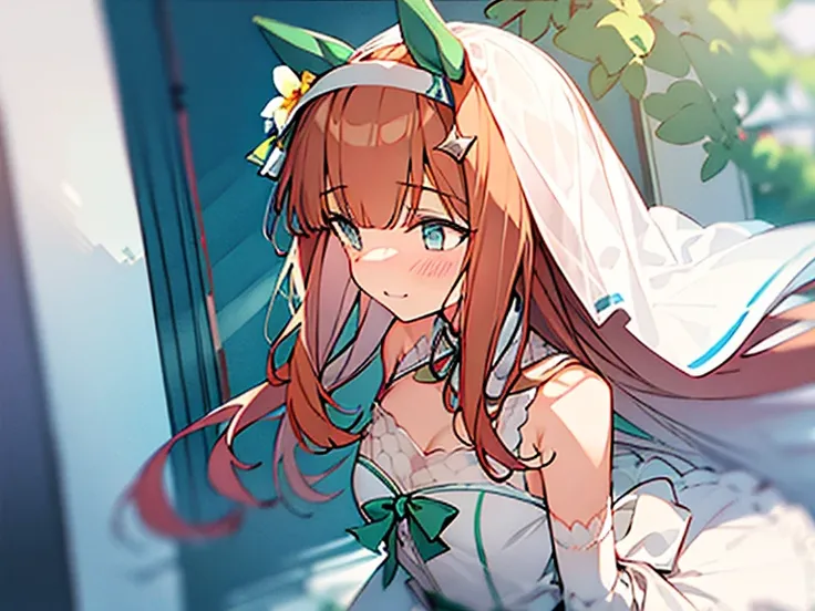 best quality, absurdres, masterpiece, 
silence suzuka \( Uma Musume \),
 1 girl in the best, solo,Horse ears,Refer to the wedding dress, White wedding dress, bare shoulders, cleavage, flat chest, White dress, White skirt, Translucent veil, shy, glad, smili...