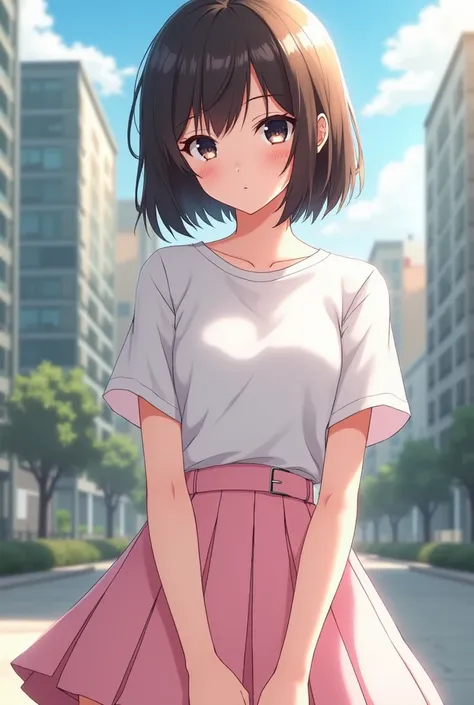 anime young adult female, short brown hair, black eyes, white shirt with short pink sleeves, pink skirt, white sneakers