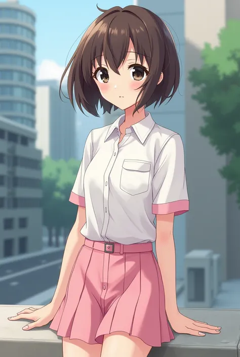 anime young adult female, short brown hair, black eyes, white shirt with short pink sleeves, pink skirt, white sneakers