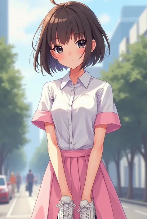 anime young adult female, short brown hair, black eyes, white shirt with short pink sleeves, pink skirt, white sneakers