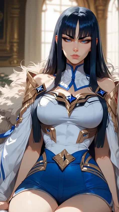 Satsuki Kiryuin style,  perfect eyes,  perfectly sexy face, ultra detailed,  ultra perfect eyes ,  big beautiful woman , sitting, dark blue shorts, Body,  looking at the spectator,