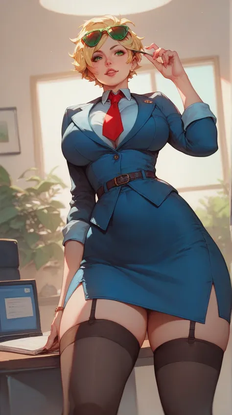 1 girl, two meters high , high hips , cintura delgada,  big breasts,  very short hair , blonde,  green eyes, circular red sunglasses, blue office clothes, red tie,  black stockings,