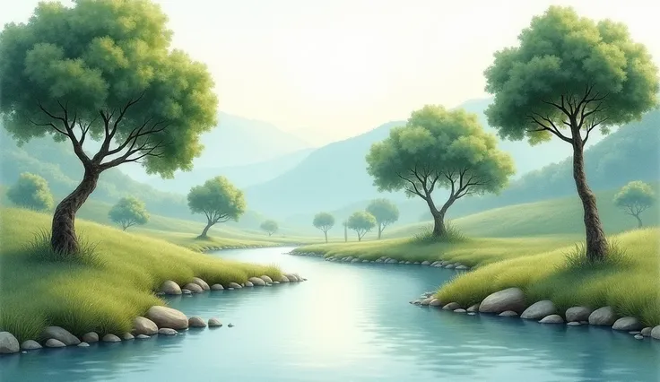 
A tranquil and immersive landscape in a delicate watercolor style, showcasing a meandering river that flows gently through the center of the scene. The river is surrounded by irregularly placed trees with dense, rounded foliage in varying heights, their l...