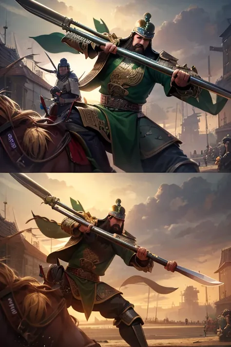 masterpiece, masterpiece_portrait, clearly, clearly_image, High target_solve, High targetres, High target_quality_Japanese cartoons, High target_quality, overtake_detail, Finely_detailed,4K, Guan Yu green armor long beard long handle blade