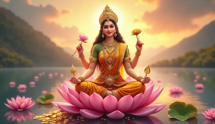 "Create a realistic depiction of Goddess Lakshmi in a divine and serene pose, bestowing blessings. She is seated gracefully on a fully bloomed pink lotus, adorned with a golden saree and intricate jewelry that radiates celestial brilliance. Her expression ...