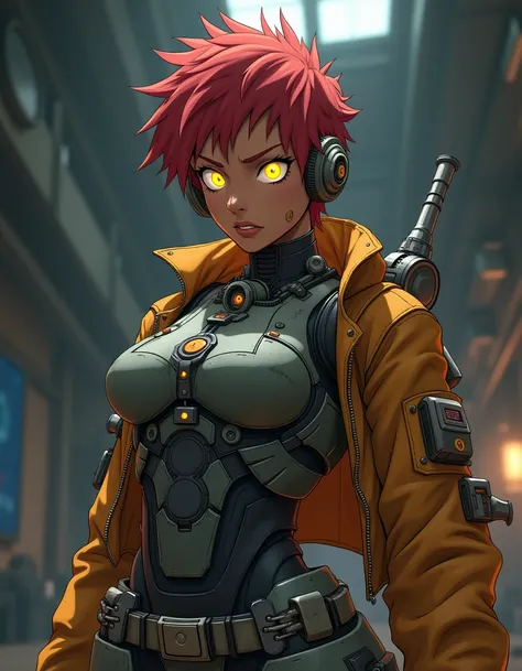 REALISTIC ANIME STYLE, JAPANESE ANIME, REAL ANIME, RAGE, ANGRY, african american women cyborg soldier with , red SHORT KINKY HAIR, glowing YELLOW eyes, heavy mecha armor, UMBERJACK SHIRT, , cinematic, volume lighting, hero engineer 