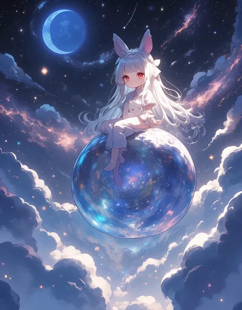 Alone,  a view from the ground \(Huge,  gigantic , Elasticity, Soft , beautiful, Shines with Brilliant Cosmic Colors, Deflected by weight  ,Floating High , star空\)  1 girl in the best\( chibi, is cute ,Cute,Gray Hair, long hair,bangs,\(fluffy white bunny-\...