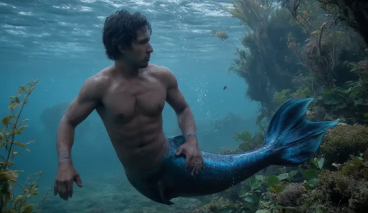 male merfolk,(merman:1.2),a young merman 18 years old,full body shot,perfect massive uncut penis,foreskin,(very long blue fish_tail below crotch and butt:1.1),caudal fin,bubble butt,perfect testicles,glowing,seductive, black hair,medium length hair,hirsute...