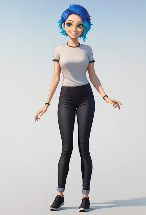 1 girl, Alone , Br00klynn ,  green eyes, parts,  multicolored hair , cabello morado,  sky blue hair, shirt,   black pants ,  black shoes,  looking at the spectator,  smile,  score_9,  score_8_,  score_7_, cowboy shot, standing,  white background,  Simple b...