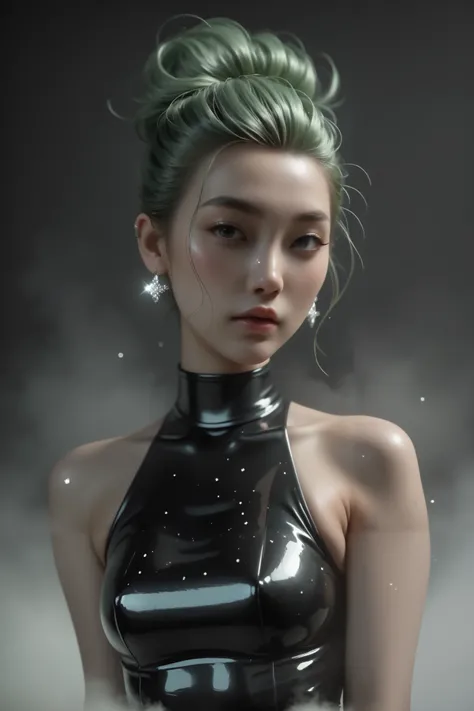 Japanese girl, anime, manga, sexy, Latex,  sparkles, spiky green hair, goth, posing, in the Fog and Green Haze, Glitter Dust, dynamic shadows, masterpiece, bright colors, Shimmers, clear details, beautiful appearance, masterpiece, best quality, perfect ana...