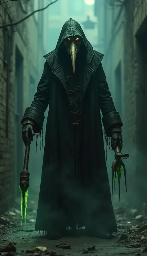 A sinister, plague doctor figure looms in a dim, mist-filled alley. Its long, black coat hangs in tatters, and its beak-like mask is cracked, revealing glimpses of decayed flesh beneath. Clawed hands grip rusted medical tools dripping with a green, glowing...