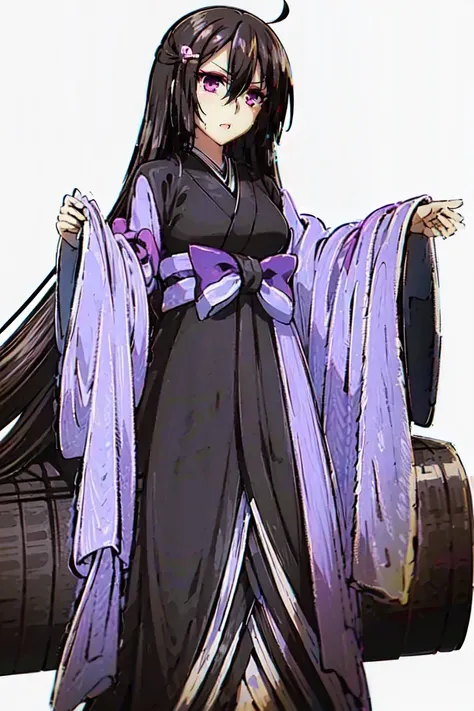 (masterpiece, best quality:1.2), 1girl, solo, purple eyes, black hair, long hair, hair between eyes, (((black kimono))), long obi(bow), elbow cloth, hair pin, parted bangs, full body clothed, straight hair, shiny hair, fair skin, hyper detailed beautiful f...