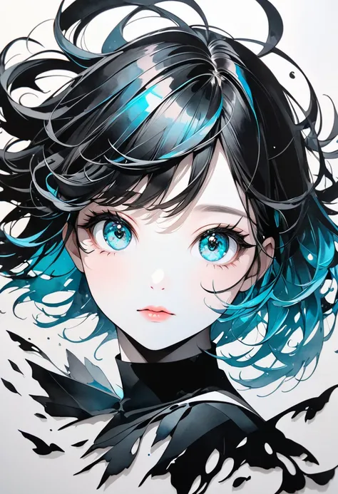  monochrome Tiffany blue , Paper cutting,  best quality, Super Fine, 16k,  Incredible High Resolution, Extremely detailed,  Delicate and Dynamic,  Fusion of Watercolor and Oil Paintings ,  Mixed Black and Color ,  Portrait of a Cute Girl , Three-dimensiona...