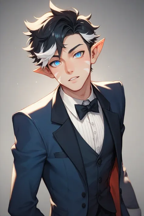 Make a charming full body elf man with black hair with white (stripes) hair, and with completely black filled eyes with some white constrellations on them, he is slightly big and looks really charming, he wears a fancy black and dark blue suit with a long ...