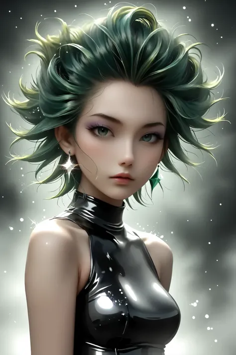 Japanese girl, anime, manga, sexy, Latex, sparkles, spiky green hair, goth, posing, in the Fog and Green Haze, Glitter Dust, dynamic shadows, masterpiece, bright colors, Shimmers, clear details, beautiful appearance, masterpiece, best quality, perfect ana...