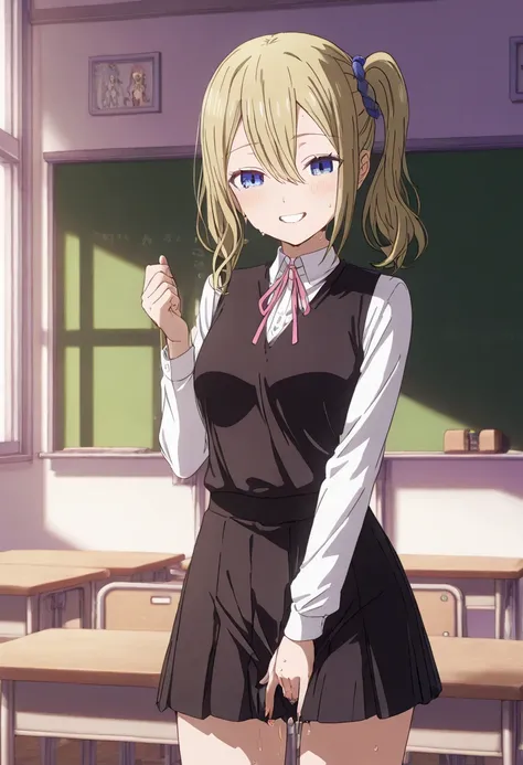 NSFW、Hayasaka Ai、 white shirt 、uniform、 black short skirt 、School、classroom、 lesbian play、 fingering、sweat、 popping smile 