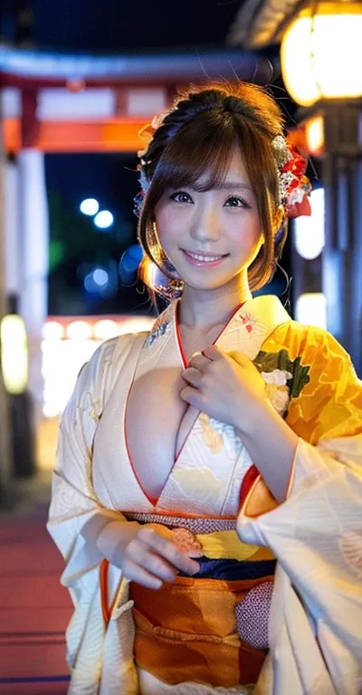  professional lighting,( photorealistic:1.4), (Top image quality:1.0), (超 high resolution:1.0), 8k,(( Thin Waist)), ((( Breasts visible by widening the chest of the kimono))) , full body、Raw  photosy, (masterpiece:0.2), (Facing the ren_v1:0.5)、(highest qua...