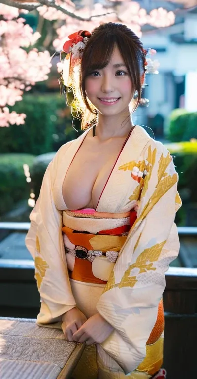  professional lighting,( photorealistic:1.4), (Top image quality:1.0), (超 high resolution:1.0), 8k,(( Thin Waist)), ((( Breasts visible by widening the chest of the kimono))) , full body、Raw  photosy, (masterpiece:0.2), (Facing the ren_v1:0.5)、(highest qua...