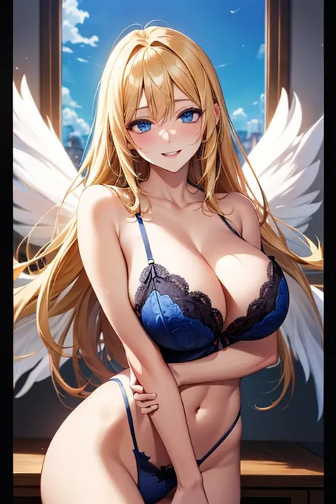 (((hotel spa))), angewomon,Blonde Hair, blue eyes, laugh,masterpiece, best quality, in detail,cute (big breasts), (split), whole body, ((white multiple angel wings)), Best image quality、masterpiece、8k、Anime Face、A kind smile、 beautiful body 、Cowboy Shot,se...